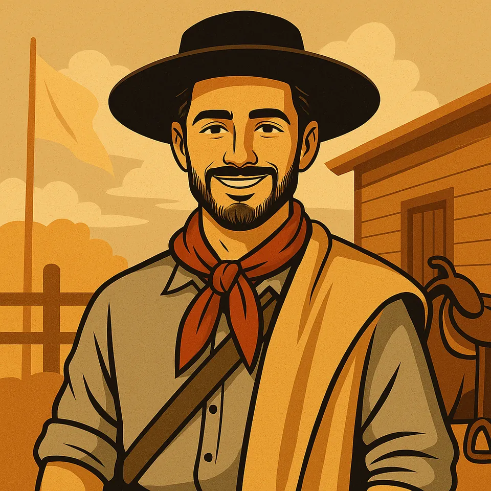 O Chasqueiro, personagem do Baita Chasque: gaúcho sorridente de chapéu preto, lenço vermelho e pala mostarda, diante de um galpão de madeira